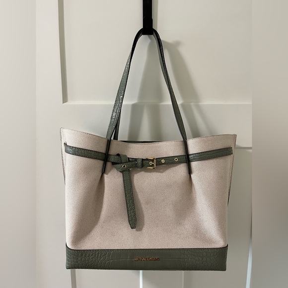 Michael Kors Emilia Large Canvas and Crocodile Embossed Tote Bag Green - Picture 1 of 13